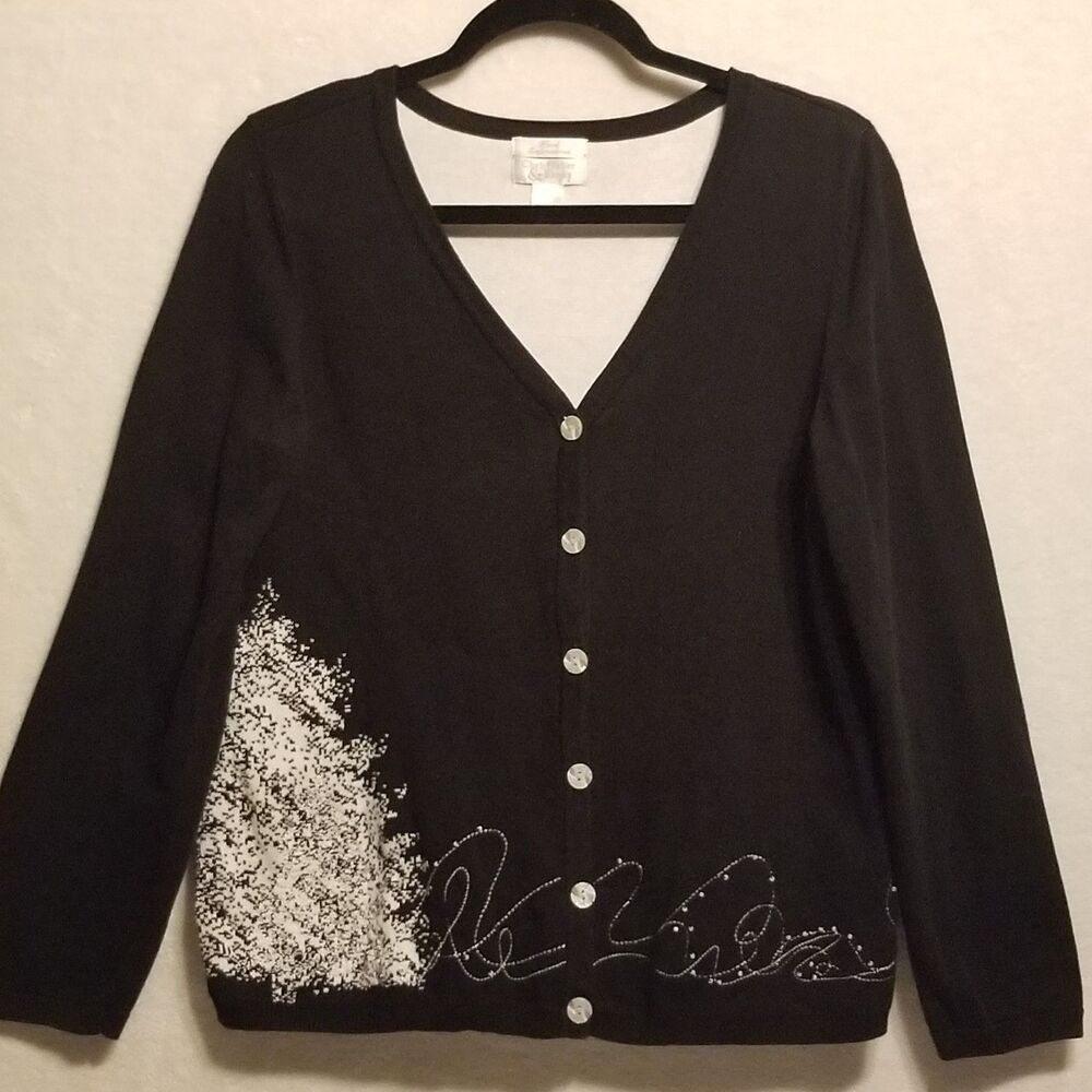 Christopher & Banks L Cardigan Sweater Black White Button Holiday Whimsigoth